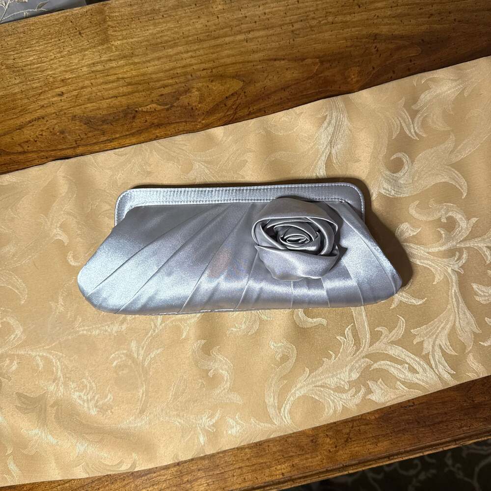 Style &Co  Silver Satin Rosette Pleated Evening Clutch